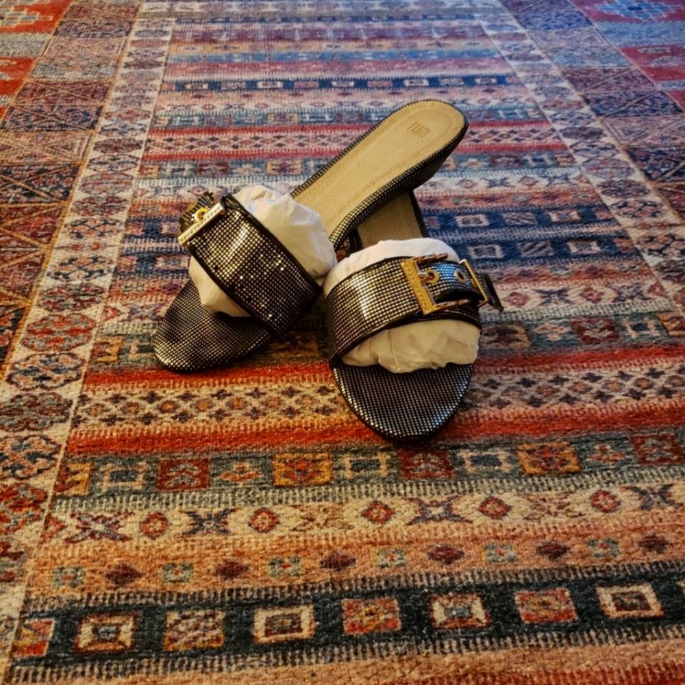 Black & Silver w/Gold-tone Buckle Sandal Slides